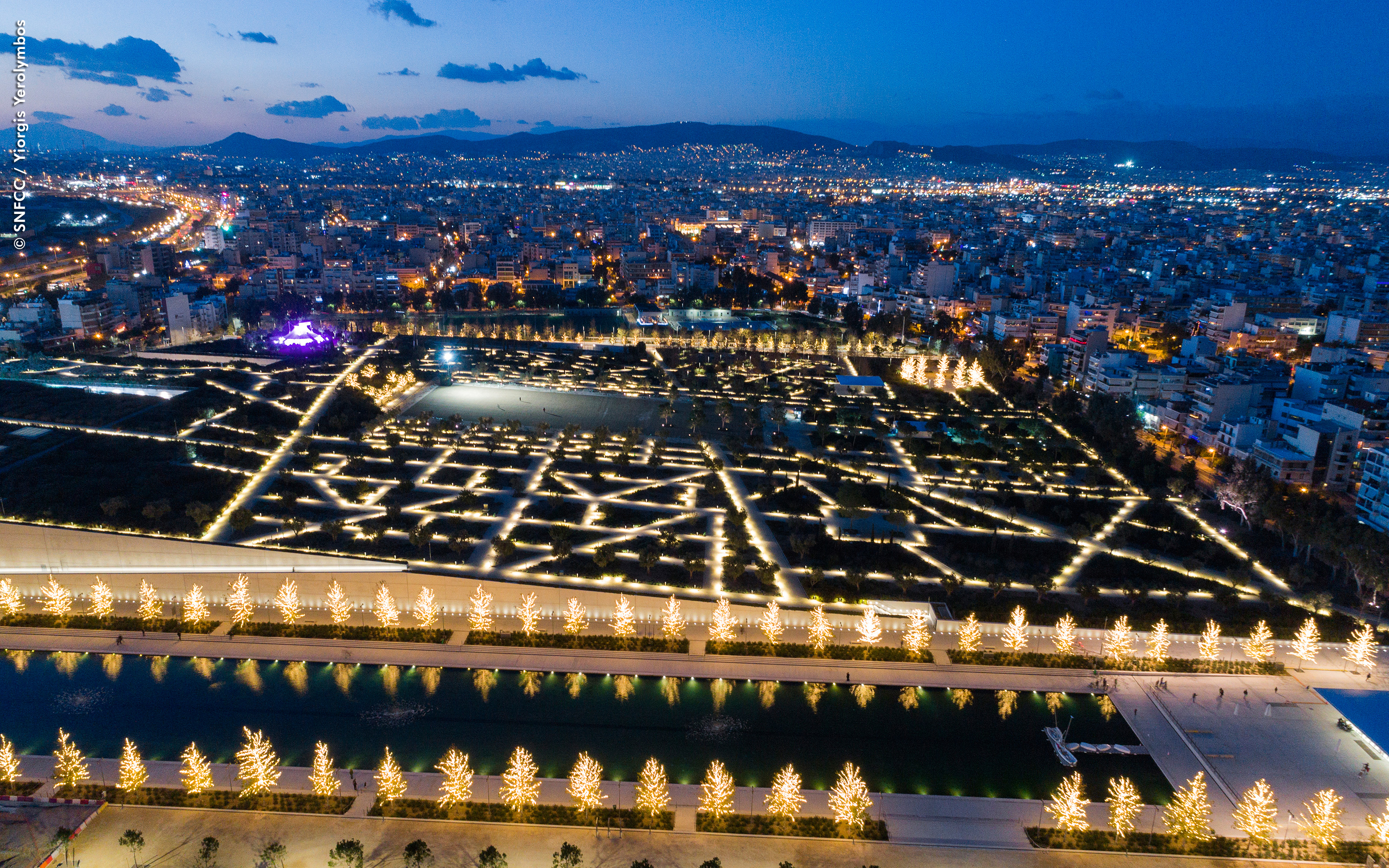 Large illuminated roof garden at night